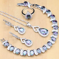 925 silver jewelry set mystic rainbow zircon stone decoration for women wedding earringspendantopen ringbraceletnecklace