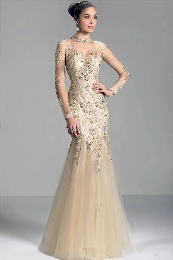 

Janique Formal Evening Dresses Tulle Lace High Sheer Neck Gowns Appliques Long Sleeve Prom Dress Red Carpet Gown Backless Custom