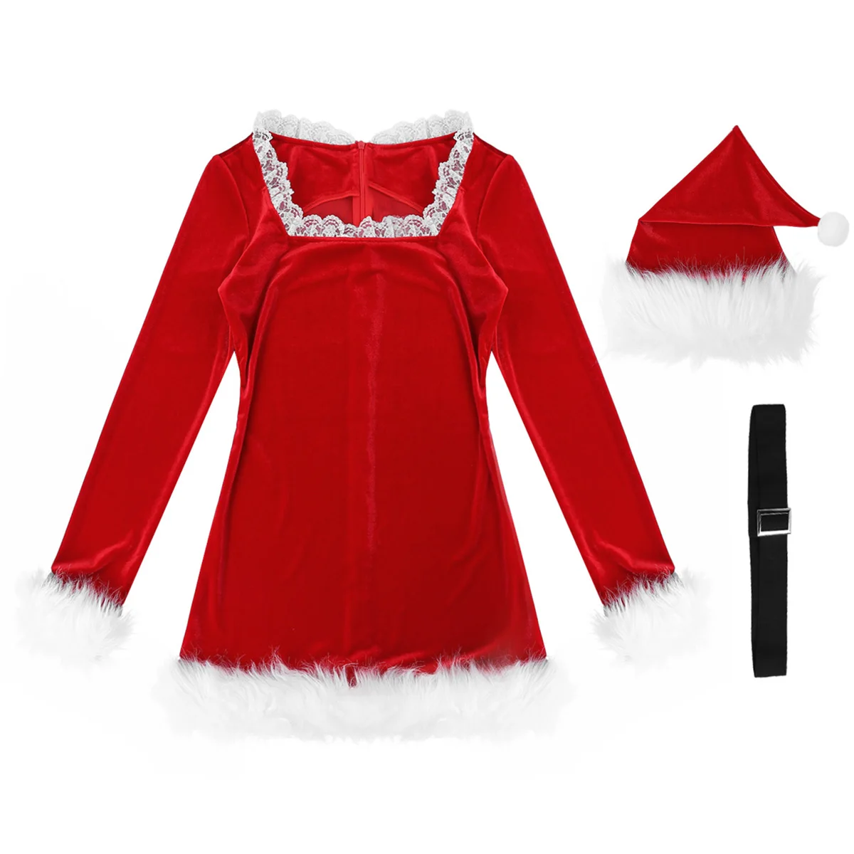 

Women Christmas Dress with Belt Hat Sets Flannel Lace Neck Long Sleeve Faux Fur Trim Xmas Cosplay Rave Party Santa Elf Costume