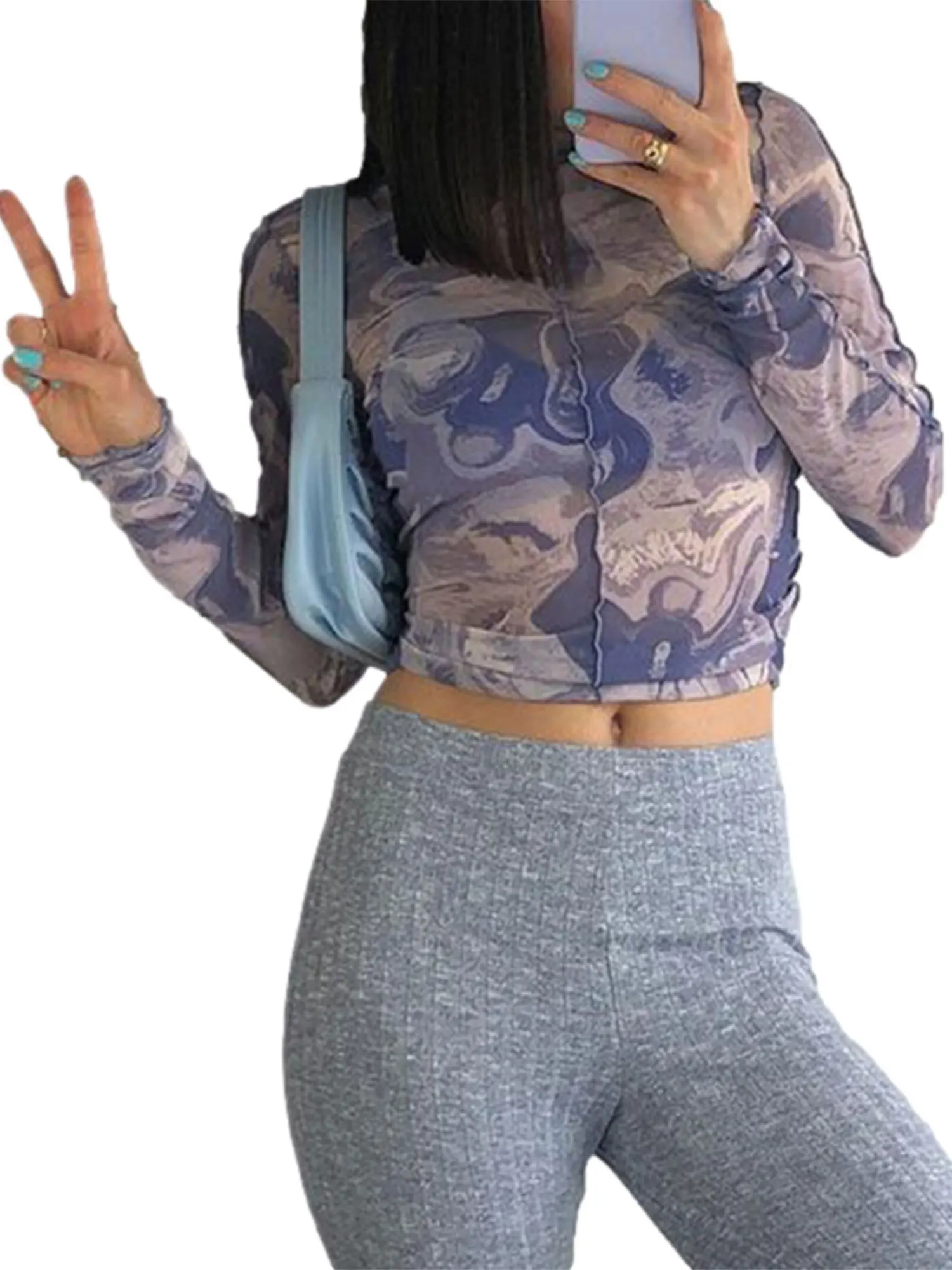 

Women Sheer Mesh Tops Sexy Long Sleeve Crew Neck Tie Dye Print Slim Fit T-Shirts