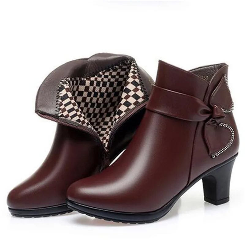 

2022 Exquisite Bows Rhinestone Spring Single Boots Genuine Leather Fashion Boots Non-slip Mid-heel Cotton Boots Women's Boots