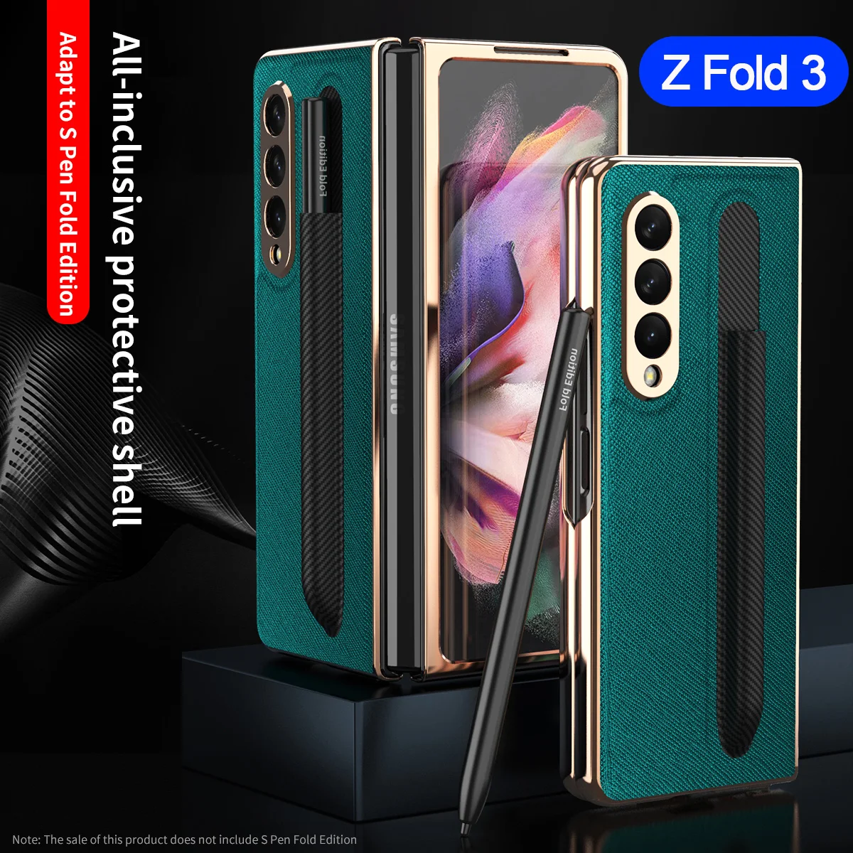 with front glass pen holder slot case for samsung galaxy z fold 3 fold3 5g case ultra thin cross pattern leather phone cover free global shipping