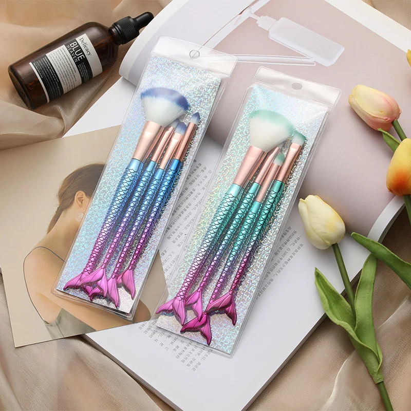

New four-piece suit mermaid makeup brush fiber colorful soft hair loose powder brush beauty makeup tools