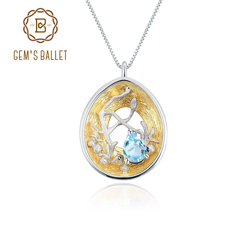 

GEM'S BALLET Natural Swiss Blue Topaz Gemstone Pendant 925 Silver Gold Plated Handmade Branch Bud Woman's Necklace Jewelry