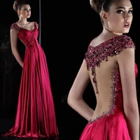 luxury crystal dark red satin long 2018 sexy illusion robe de soiree beading cap sleeve v neck long prom gown bridesmaid dresses