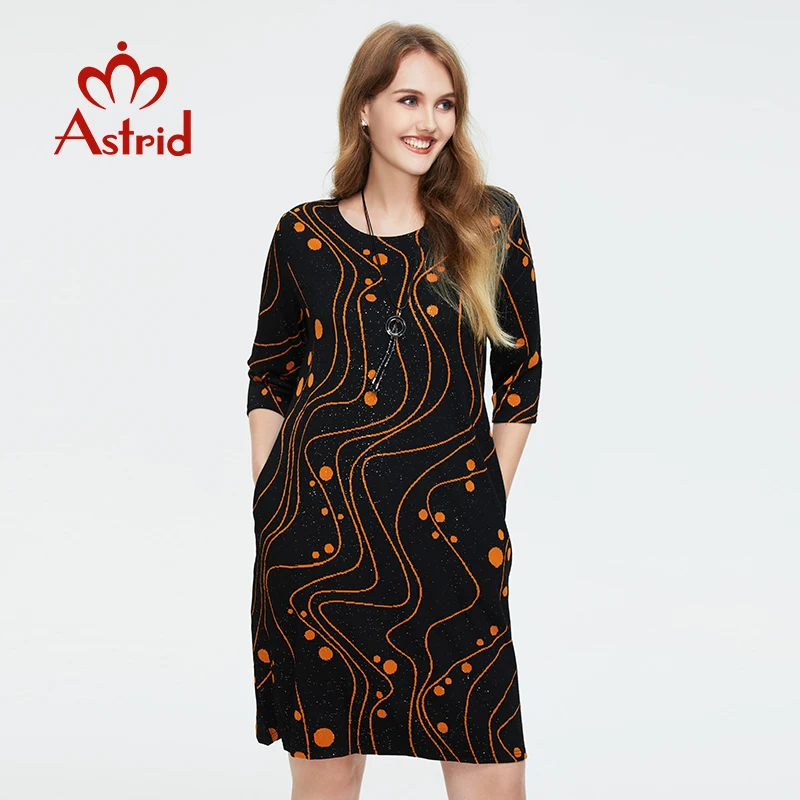 

Astrid Women's Dress 2022 for Women Casual Elegant Vintage Oversize office Print midi Cotton knit Dresses With necklace Pockets