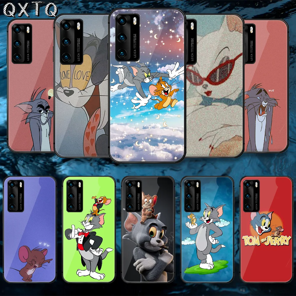 

QXTQ Cat Tom Mouse Jerrys Tempered Glass Phone Case Cover For Huawei Honor Mate P 8 9 10 20 30 40 A X I Pro Lite Smart 2021 Cell