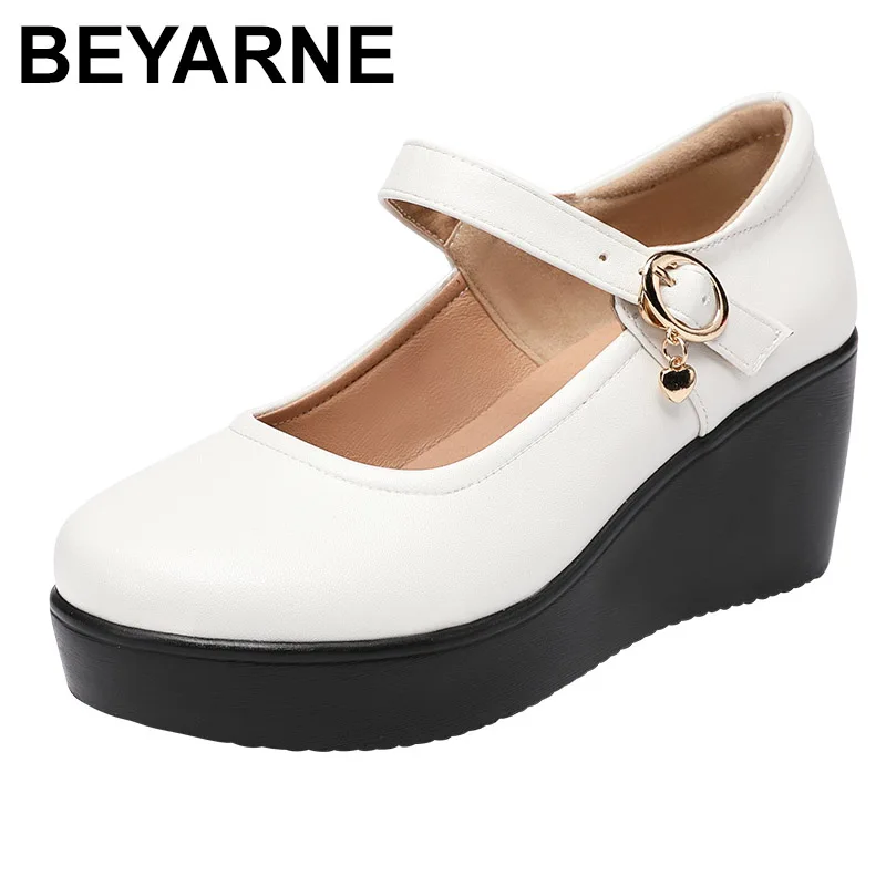 

BEYARNE 2020 spring leather shoes women platform wedge shoe high heels round toe soft sole white women pumps big size 33-43
