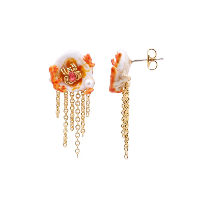 

European and American tassel earrings female asymmetric copper plated gold-plated diamond and enamel flower ear clip earrings