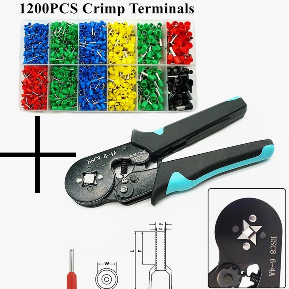 

HSC8 6-4+1200PCS Terminals Kit 0.08-10mmÂ² AWG 28-7 Crimper Plier Set Ratchet Wire Ferrule Crimping Tools pliers