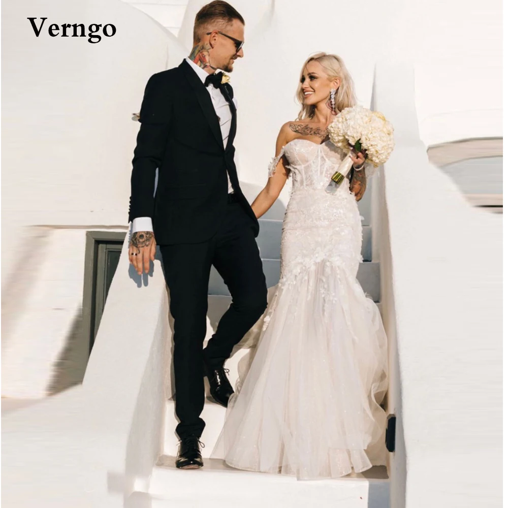 

Verngo Off the Shoulder Lace Applique Glitter Wedding Dress Mermaid Sweetheart 3D Flowers Tulle Sweep Train Beach Bridal Gown