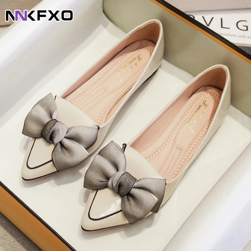 

Large Size Spring Bow Flats Shoes Woman Patent leather Ballets Office Shoes Pointed Toe Shallow Slip On Foldable Ballerina