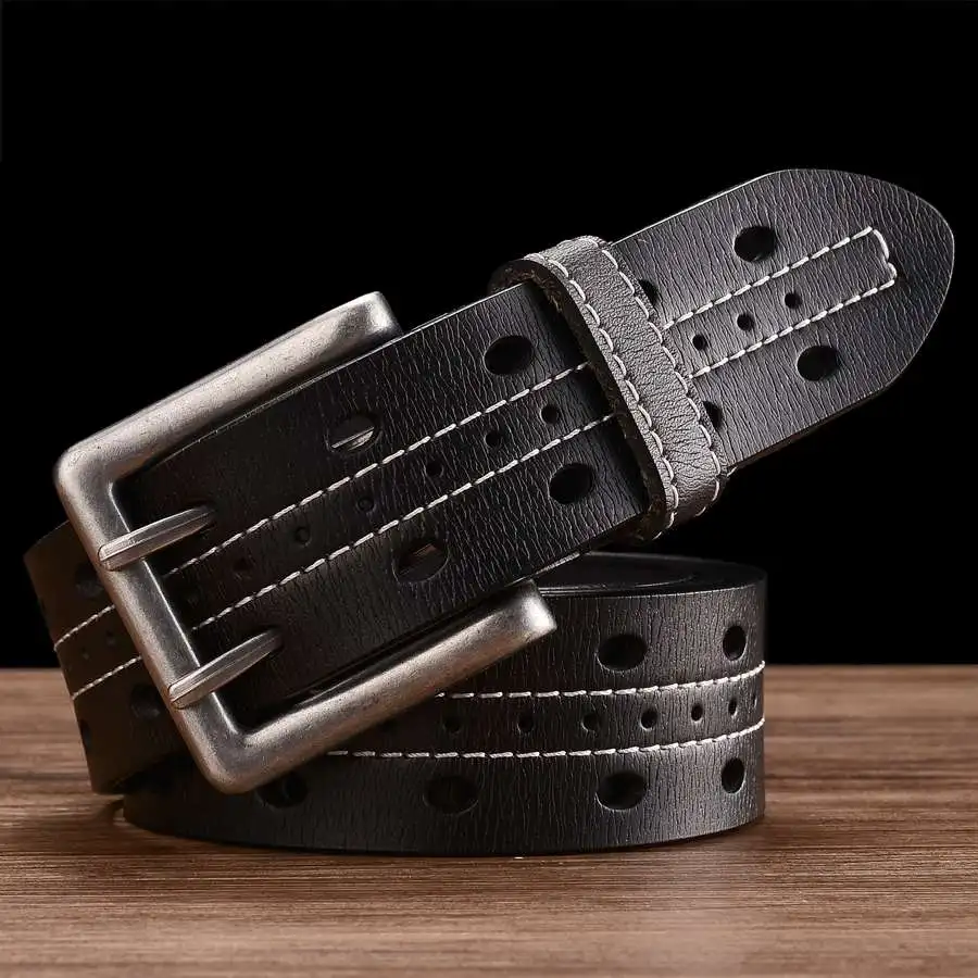 Genuine Leather Belts for Men Classic Double Row Hole Belt  Hollowed Out Belt Jeans Men's Leather Double Prong Waistband