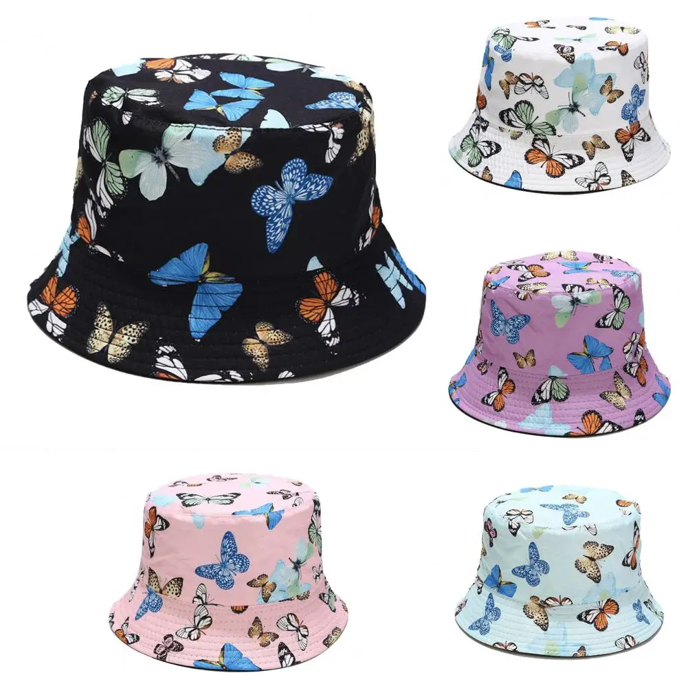 

Butterfly Print Fisherman Hat Summer Cotton Double-sided Outdoor Bucket Sun Cap