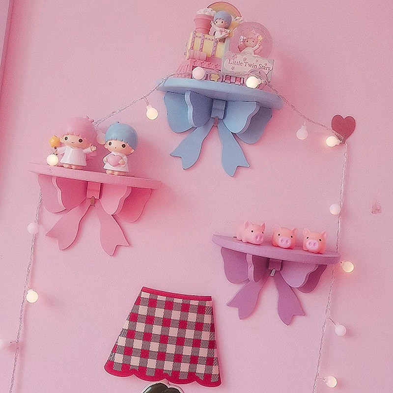 Japanese Kawaii Pink Bow Bedroom Shelves Wall-mounted Cosmetic Wooden Storage Rack Girly Heart Room Decoration Wall Shelf | Дом и сад