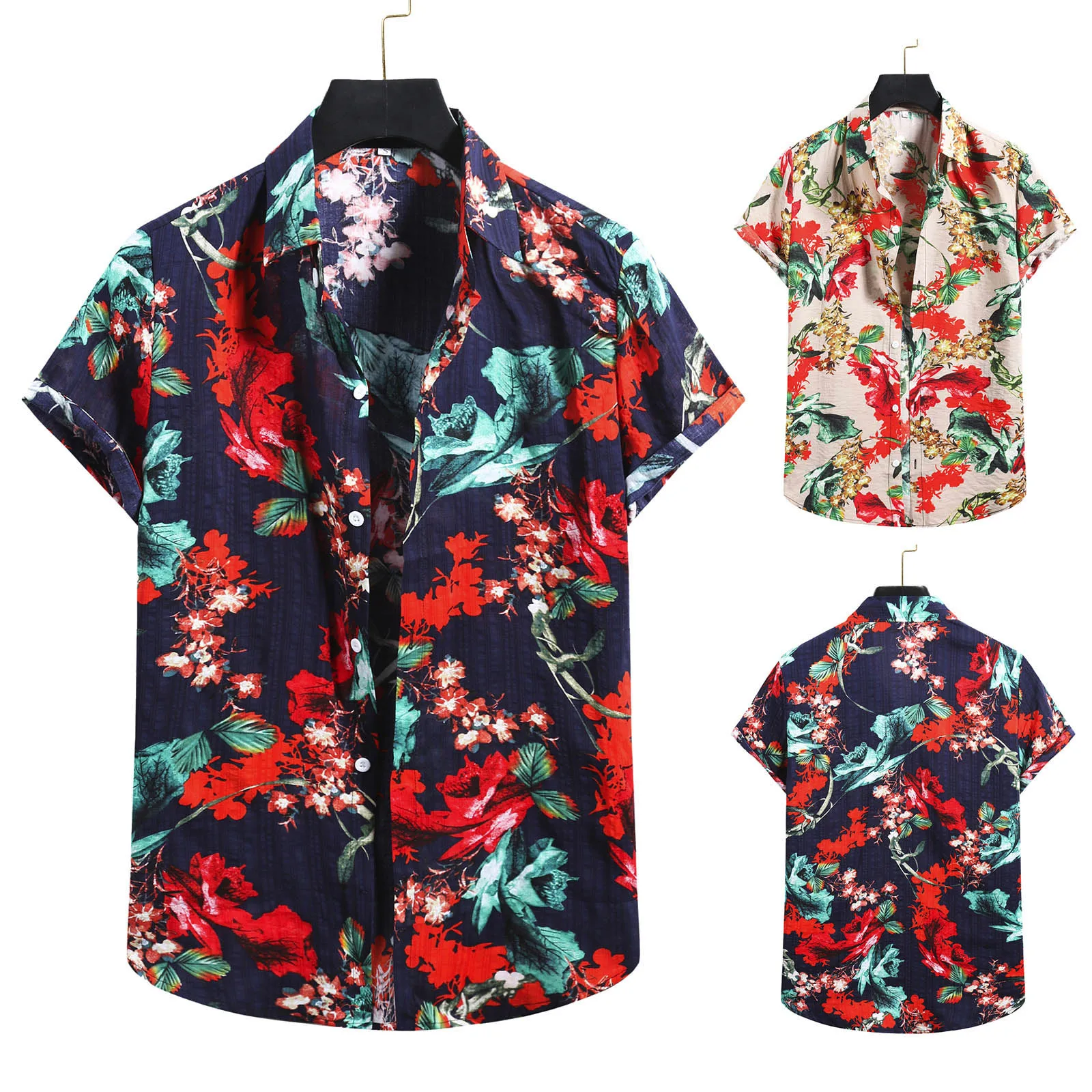 

67# Men's Fashion Cotton Linen Print Short Sleeve Button Shirt Blouse Top L Beach Shirts For Men New 2021 Camisa Hombre