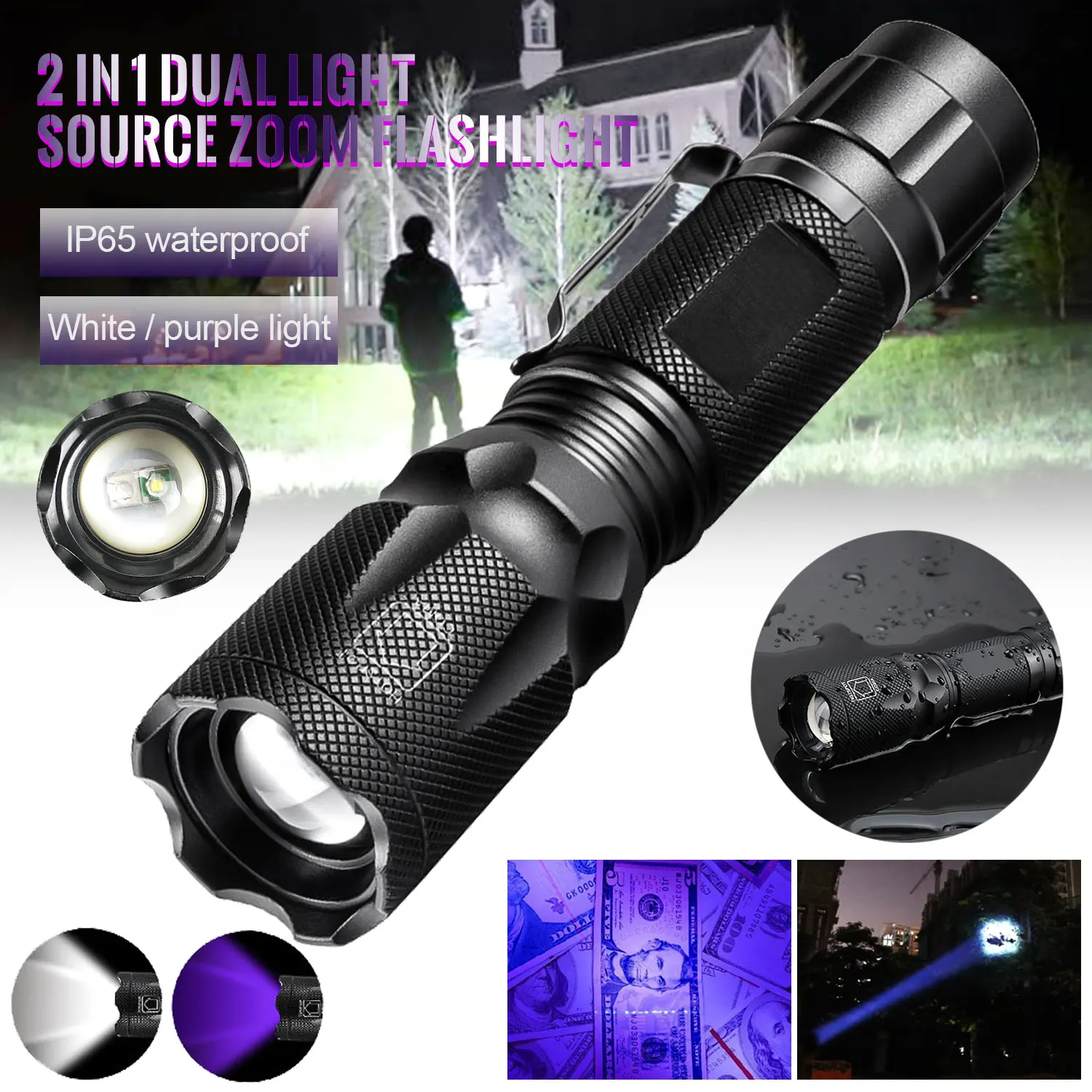 

2in1 UV Flashlight USB Rechargeable White LED Torch 395nm Ultraviolet Urine Detector Camping Pet Urine Catch Scorpions Linternas