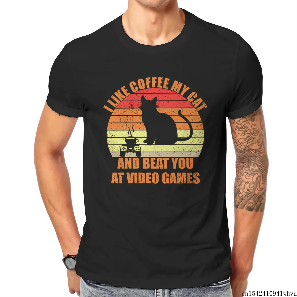 

I Like Coffee My Cat and Video Games Short Sleeves Unisex Summer Trend Lycra O-neck Casual Men T-shirt M-5XL