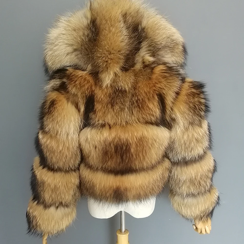 FURTJY Luxury Real Women Silver Gold Fox Fur Coats With Fur Hood Jacket Fashion Female Winter Thick Warm Genuine Fur Outerwear enlarge
