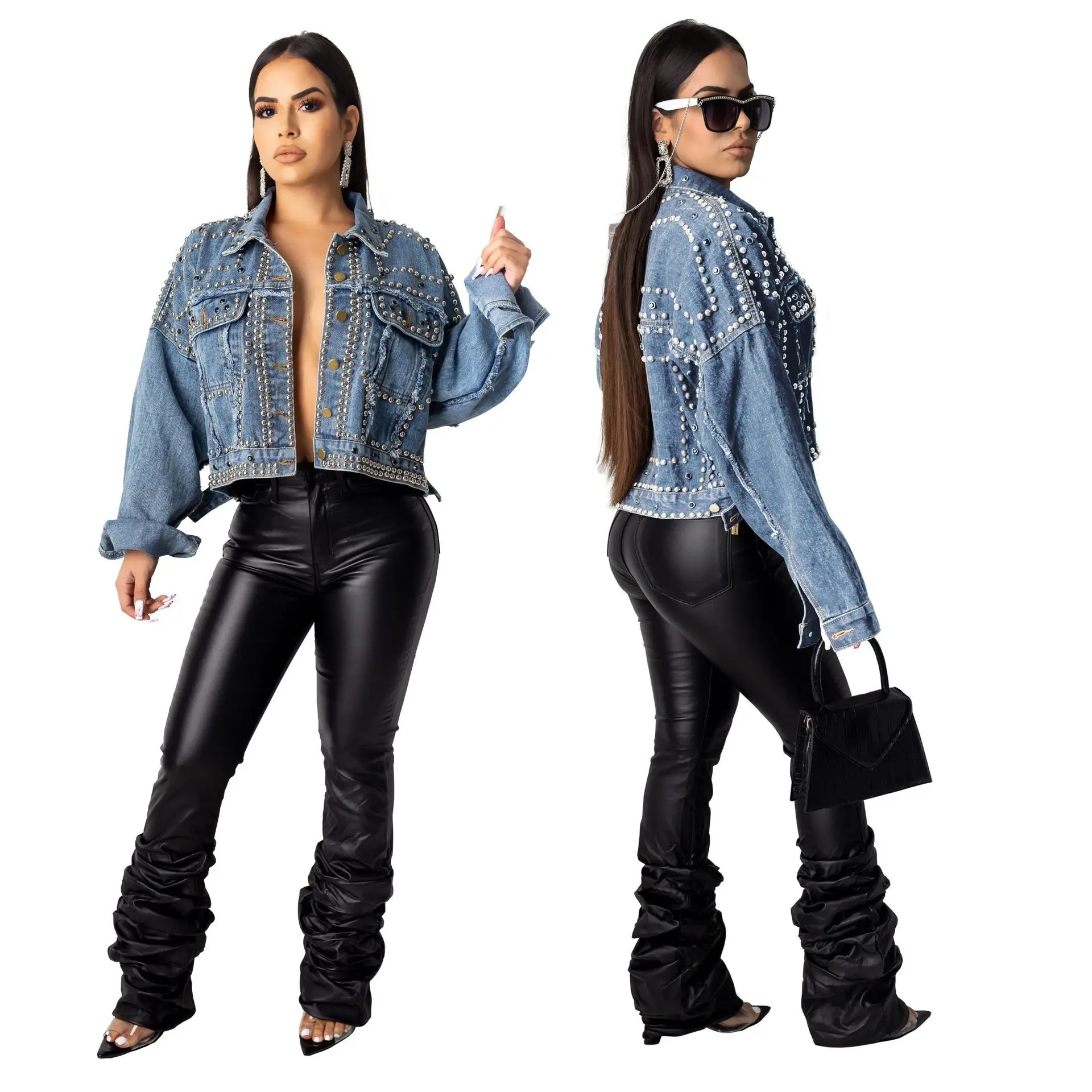 

Spring Autumn Women Harajuku Denim Jacket Coat Hand Beaded Rivet Short Jean Jackets Students Basic Coats Casual Loose Outerwear