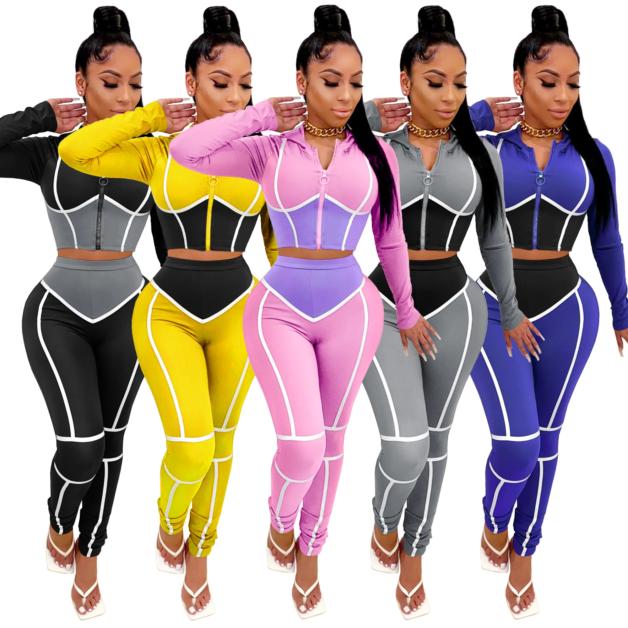 

Fitness Sweat Suit Women Two Piece Set Long Seeve Hoodies Crop Top White Striped Legging Pants Outfit Tracksuit