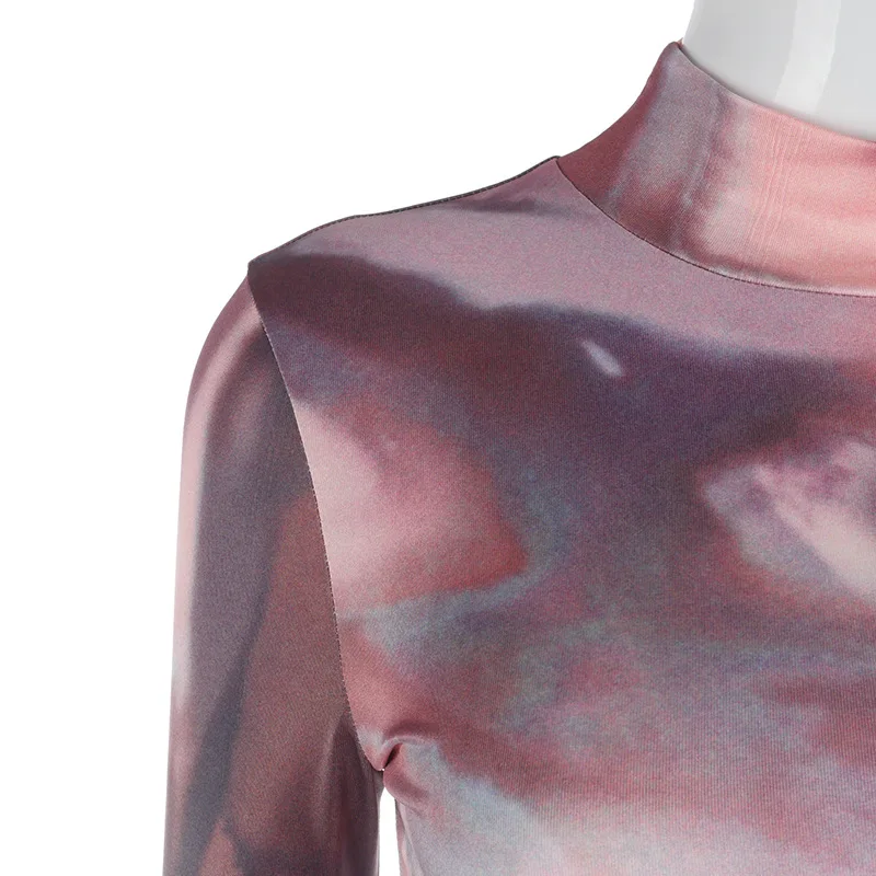 

2021 New Long Sleeve Tie Dye Print Bodysuit Tops Women Spring Autumn Turtleneck Bodycon Vintage Sexy Body Top Female Streetwear