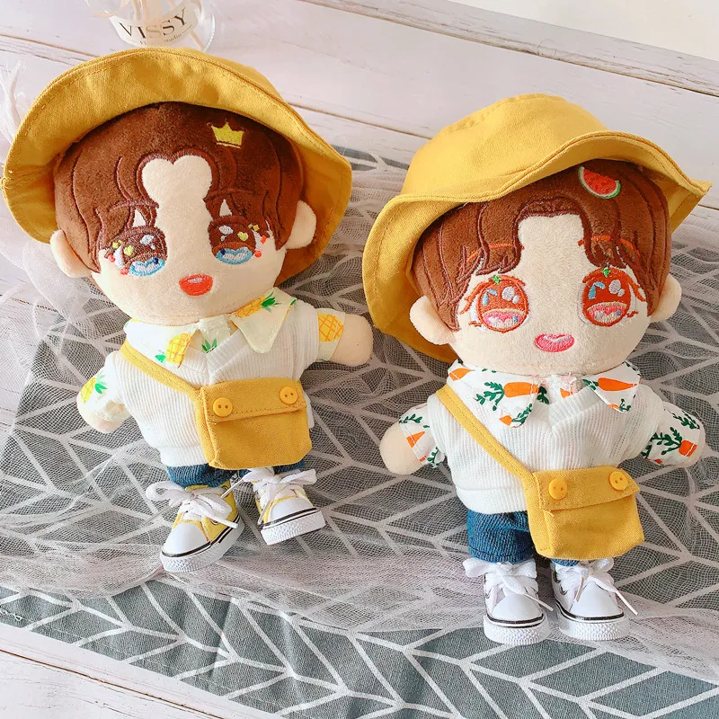 

20cm Plush idol dolls YiBo Sean Xiao sweater shirt Jeans Fisherman hat Doll Accessories Present Replaceable Clothes Toys Gift