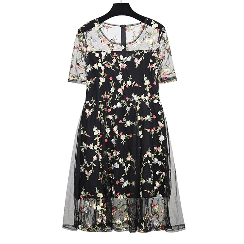 

Женское богемное платье с вышивкой, элегантное черное Сетчатое платье с коротким рукавом размера плюс вечерние платья, длинное платье с цве...