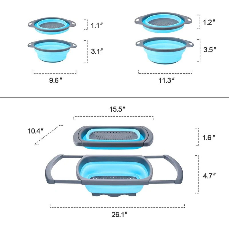 

Silicone Collapsible Colander Set of 4-Includes 1Pc Over the Sink Strainer, 3Pc Round Folding Strainers