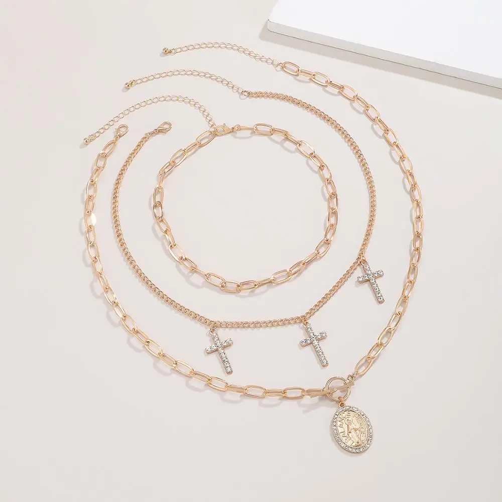 

Punk Cross Pedant Necklace for Women Gold Color Chain Coin Portrait Necklace Couple Statement Layered Choker Necklace Jewelry