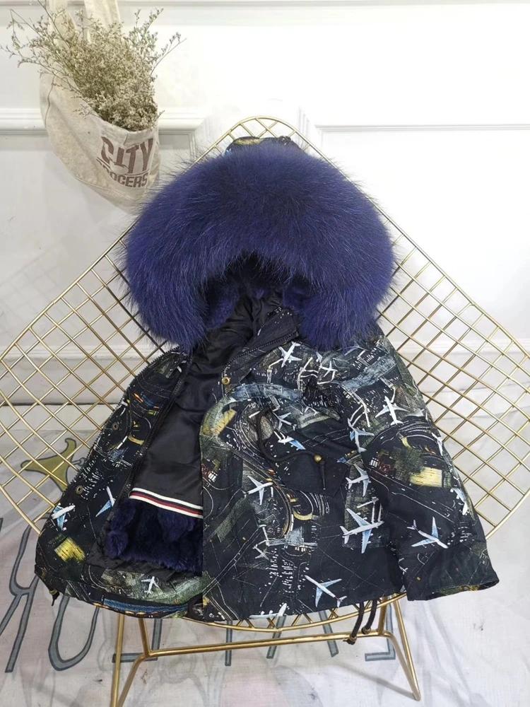 Children Winter Jacket Graffiti Boys Girls Real Fur Coat Thick Warm Rabbit Fur Kids Jacket Coat Furry Natural Fur Collar TZ428