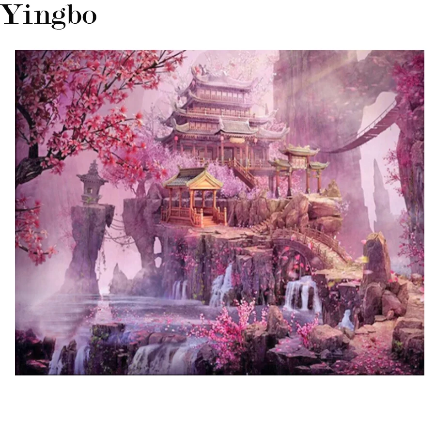 

Japan Waterfall Scenery Temple 5D DIY Diamond Painting Mosaic Full Drill Cherry Flowers Diamond Embroidery Decor New Year's Gift