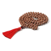 Natural Rudraksha Knotted 108 Mala Bead Necklace Meditation Yoga Declaration Blessing Prayer Red Tassel Pendant Jewelry