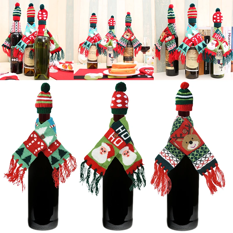 

2pcs/set Christmas Wine Bottle Cover Scarf Hat Set Santa Claus Deer Merry Christmas Home Table Decoration X-mas Bottle Covers