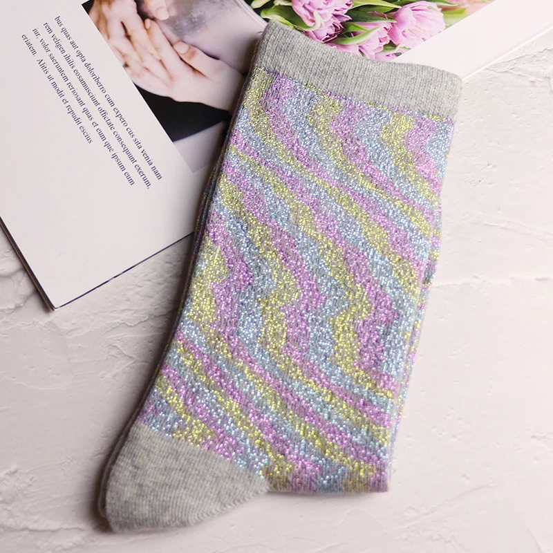 Fashion women's shiny solid color high quality combed cotton socks gold and silver thread soft and comfortable woman socks