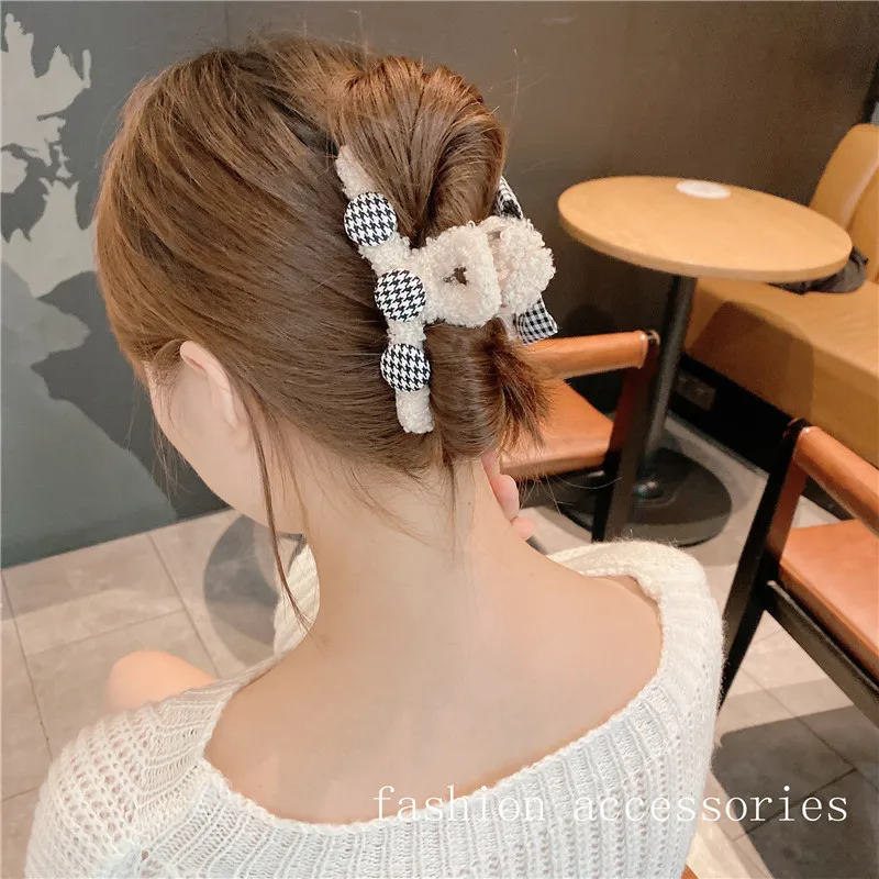 

South Korea's Dongdaemun temperament trendy checkered bow catch clip large hair volume catch clip sweet shark clip