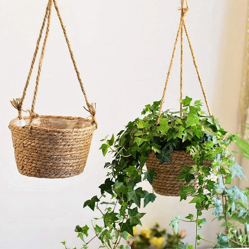 

Handmade Hanging Seagrass Planter Basket With Plastic Liner,Indoor Outdoor Garden Decoration,Farmhouse Boho Flower Pots