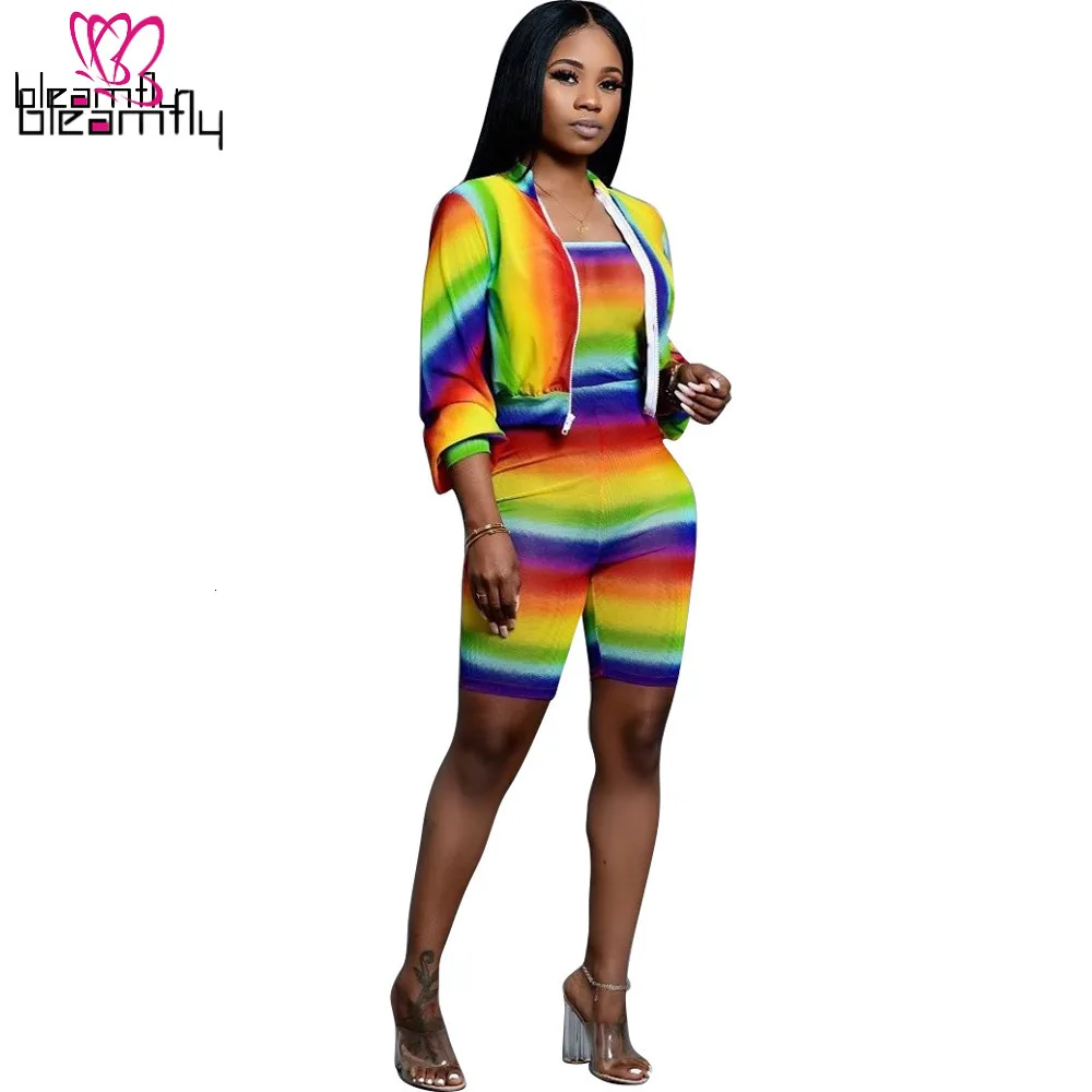 Женское Радужное Полосатое пальто с принтом + комбинезоны спортивные костюмы