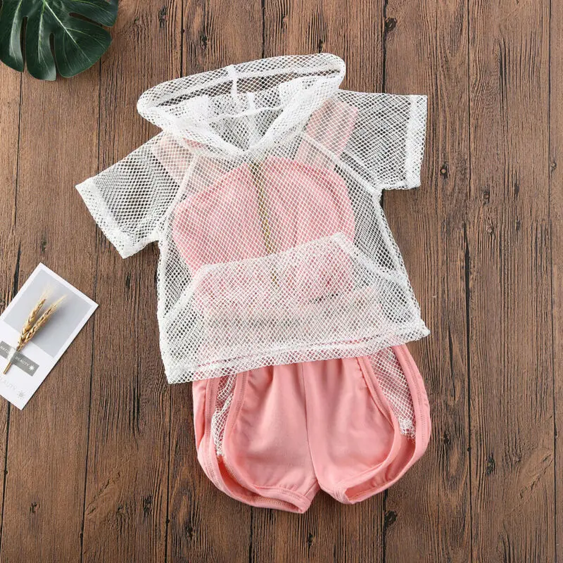 

UK Summer Kids Baby Girls Mesh Hoodies Strap Camis Shorts 3PCS Outfits Tracksuit