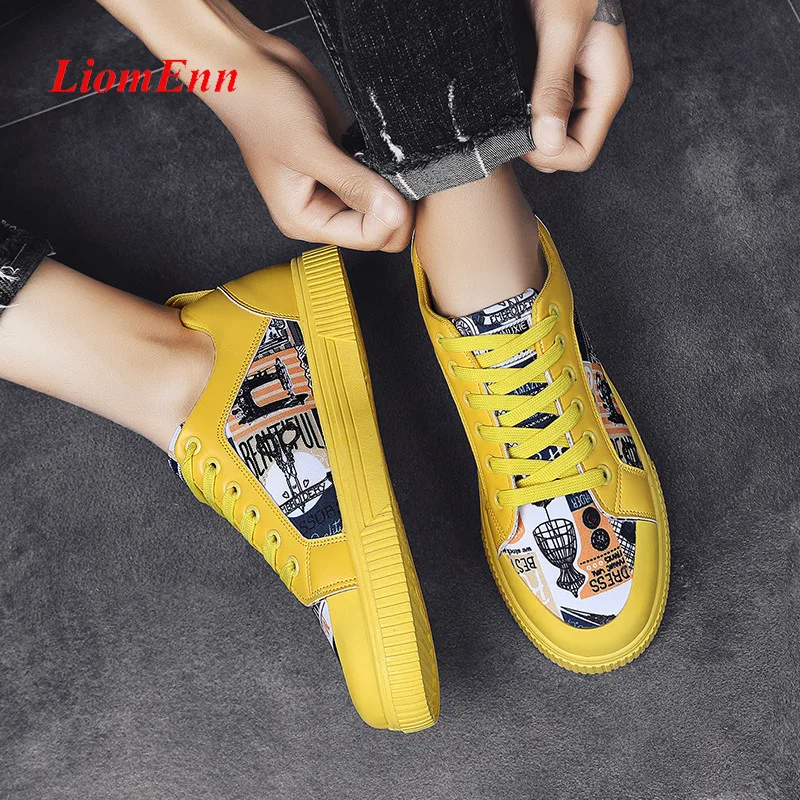 Graffiti White Yellow Sneakers Women 2023 Flat Shoes Tennis Female Summer Casual Sport Vulcanized Shoes Woman basket femme