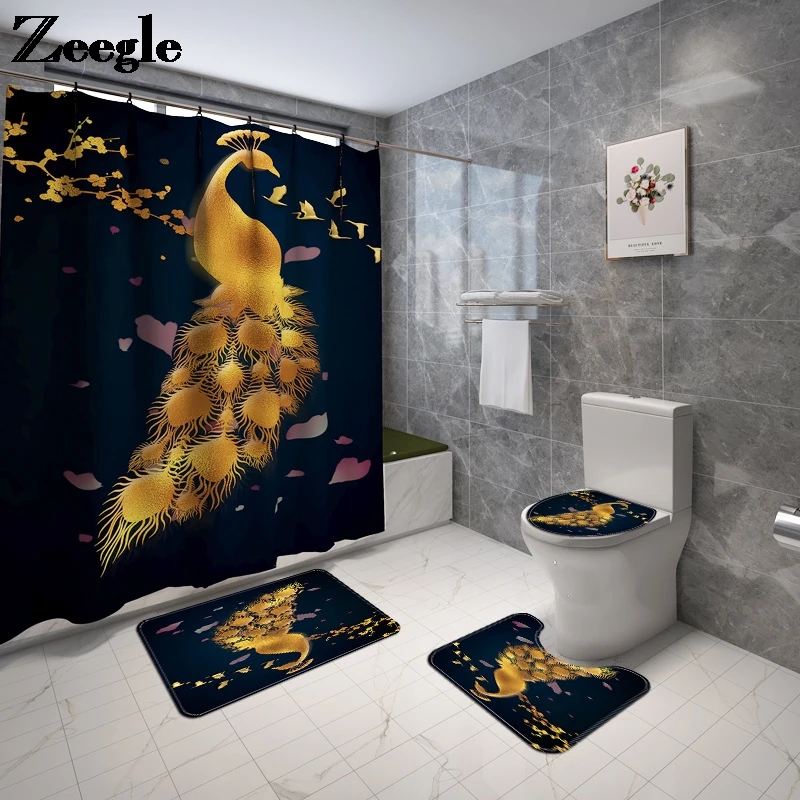 

Printing Bath Mat and Shower Curtain Set Microfiber Bathroom Carpet Absorbent Bathroom Rug Toilet Mat Bath Rug