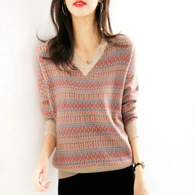 

100% cotton T-shirt women's 2021 autumn and winter loose color contrast bottom coat lazy sweater