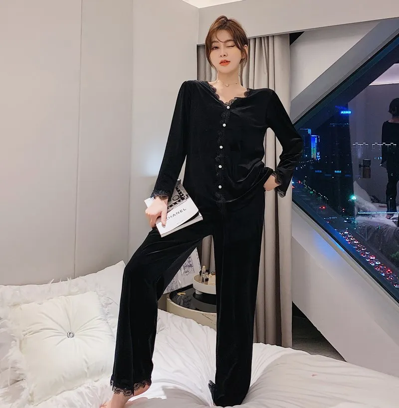 

Soft 2PCS Pajamas Suit Velour Female Shirt&Pants Sleepwear Casual Shirt&Pants Nightgown Solid Velvet Intimate Lingerie Homewear