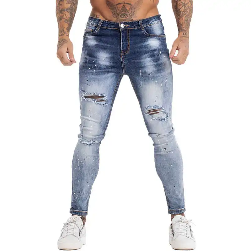 

GINGTTO Jeans Men Elastic Waist Skinny Jeans Men 2020 Stretch Ripped Pants Streetwear Mens Denim Jeans Blue