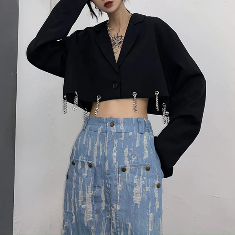 

Women Gothic Fake 2 Piece Blazer Highstreet Summer Sexy Chain Hollow Out Causal Loose Outwear Female Office Lady Blazers Fashion