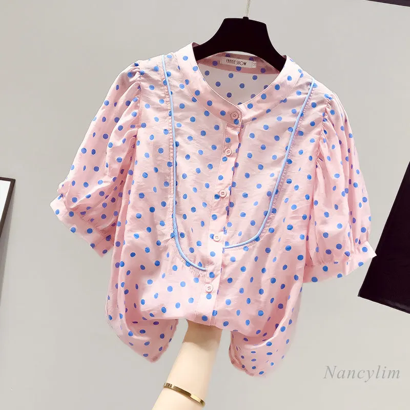 Summer Short Sleeve Shirt Women's Clothing 2021 New Trendy Polka Dot Half Sleeve Blouse Pink Blue Blusas Mujer Nancylim