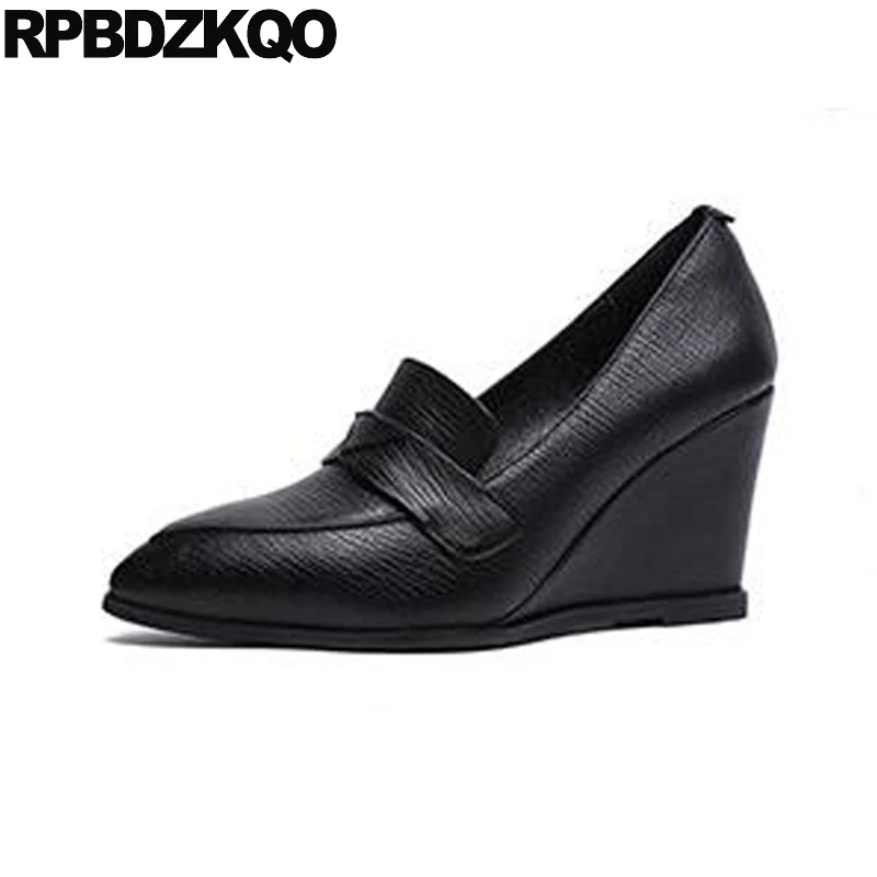 

Pumps Brand Luxury Women Shoes Genuine Leather Designer Wedge 3 Inch Size 4 34 Pointed Toe 2021 High Heels Slip On Quality Black