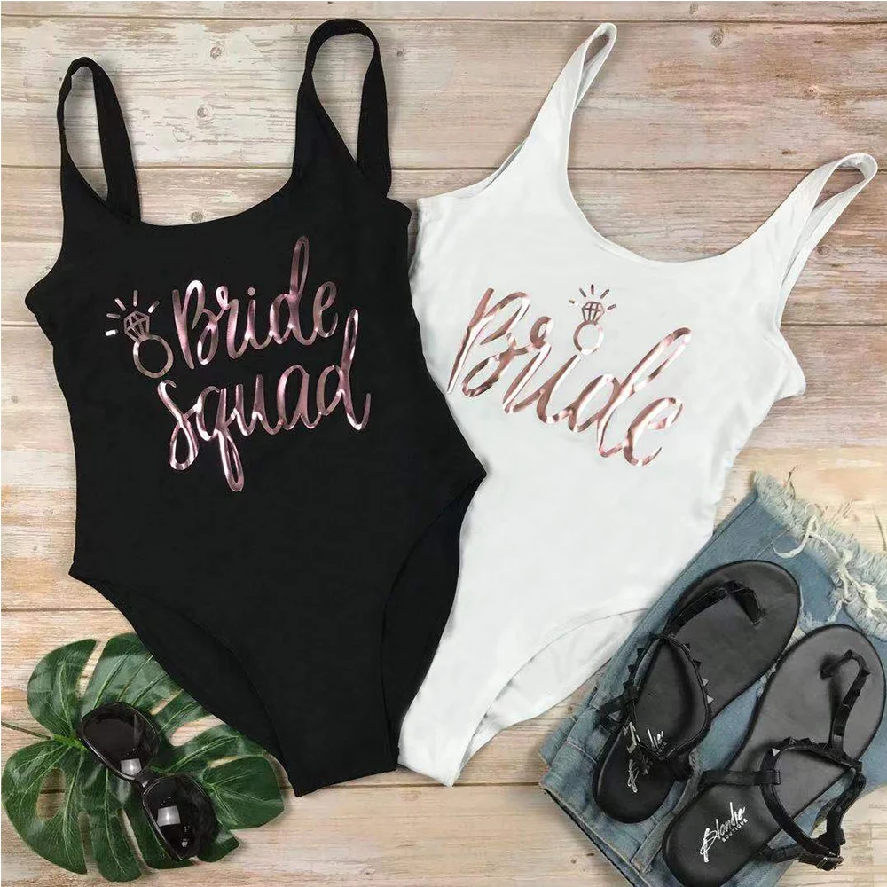 

Bachelorette Party Bride Squad Maid Of Honor One-Piece Swimsuit Sexy Beach Wear Bridal Bridesmaid Swimwear Women's Bathing Suits