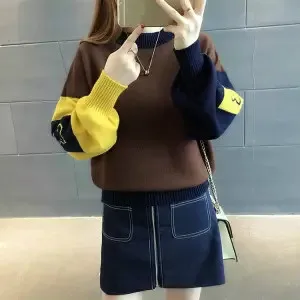 Woherb Harajuku контрастный цвет женский свитер пуловеры Свободные фонари рукав Femme джемпер корейский милый вязаный зимний толстый Одежда - Цвет: coffee color thin