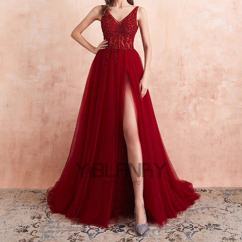 

Beading Prom Dresses 2021 Plus Size Pink High Split Tulle Sweep Train Sleeveless Evening Gown A-line Lace Up Backless Vestido De